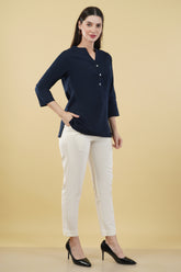 NAVY BLUE LINEN SHORT KURTA - SKYTICK
